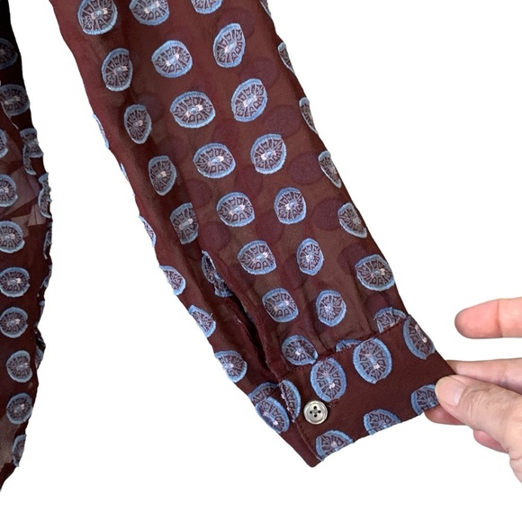 Loft sheer silk split‎ neck burgundy blue dot long sleeve blouse. Size M - Picture 5 of 11